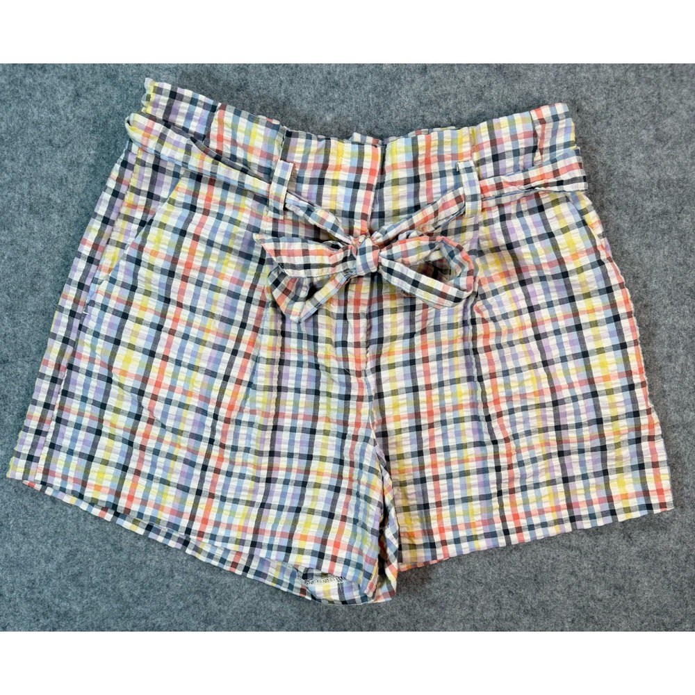 Loft Rainbow Gingham Plaid Paperbag Waist Shorts Multicolor Tie Belt Womens M